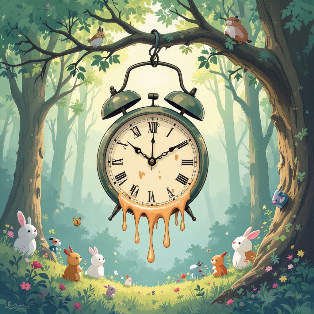 Melting Clock in Whimsical Forest, Ghibli-esque Style
