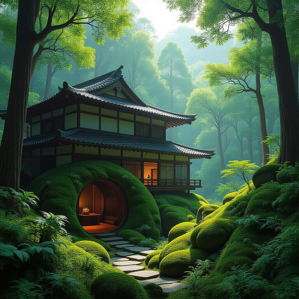 Hidden Japanese Home in Forest Hillside - Digital Matte Pain...