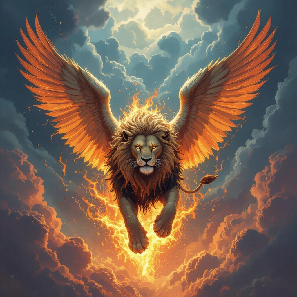 Winged Lion Descends in Flames, Serene in Epic Fantasy Style