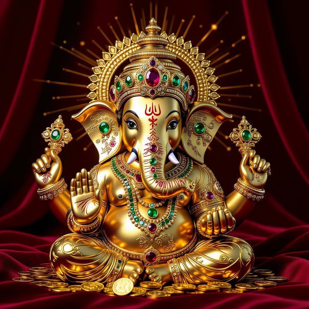 Ganesha Portrait Made of Gold Coins and Gems