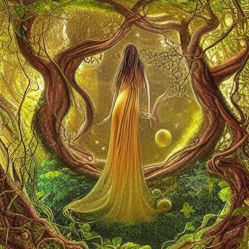 Golden Forest Earth Goddess in Pre-Raphaelite Style