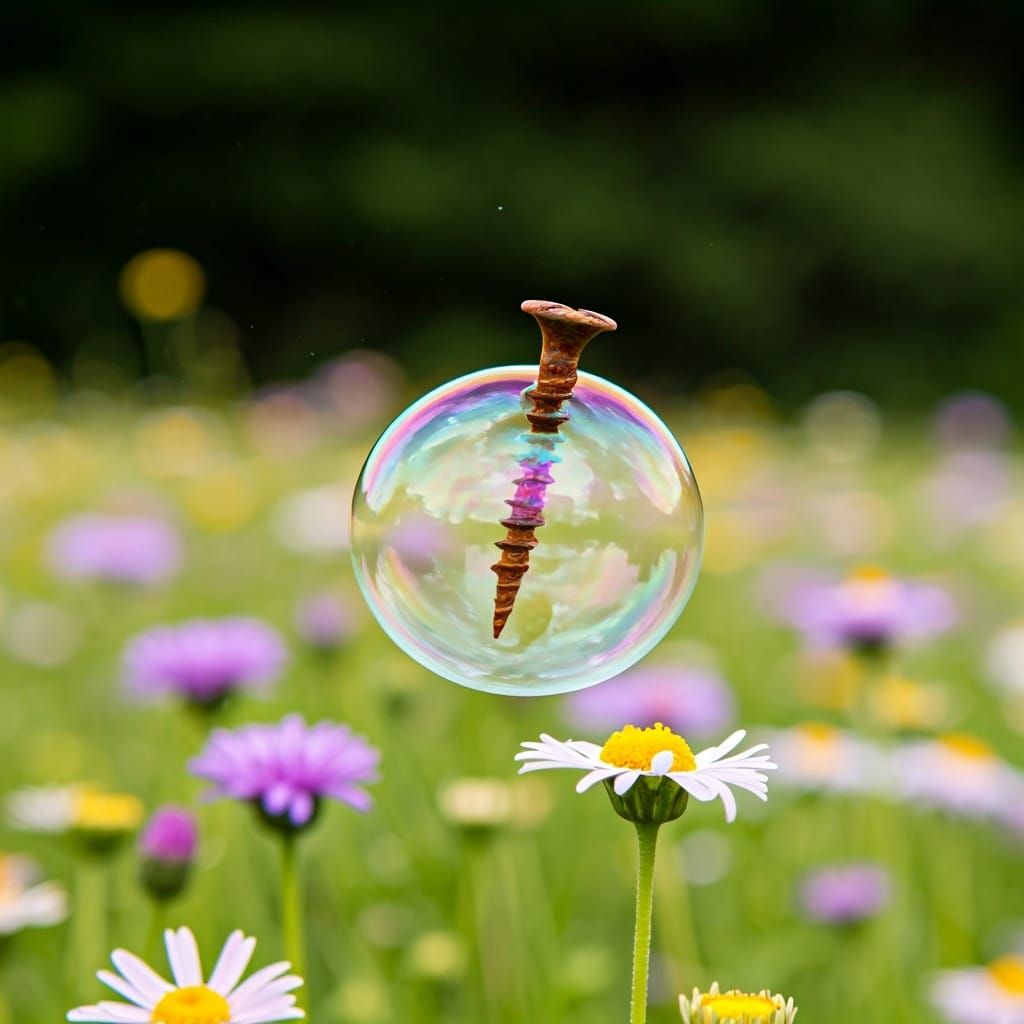 Soap Bubble Pierced by Rusty Screw in Meadow