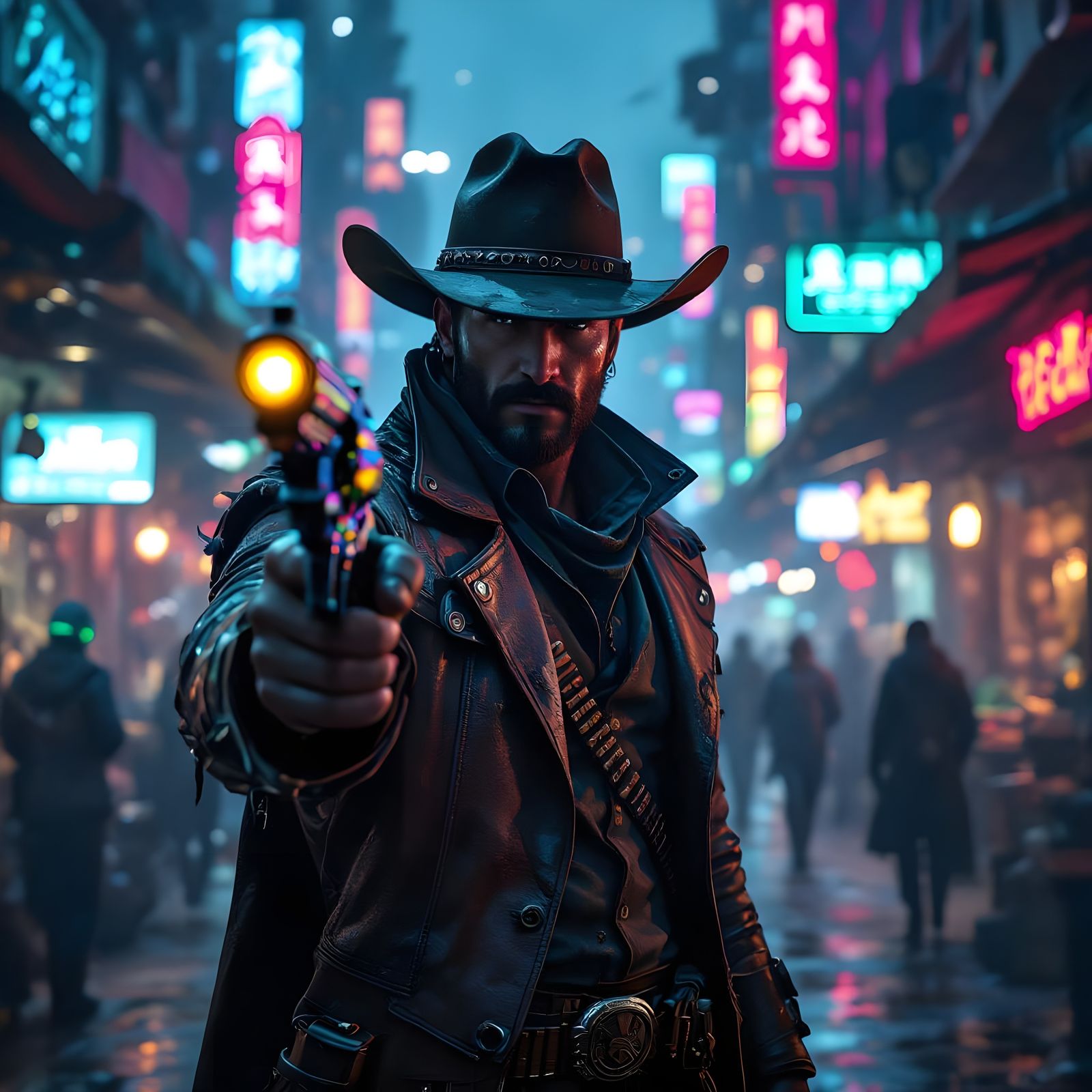 Cowboy in Cyberpunk Market with Glowing Revolver