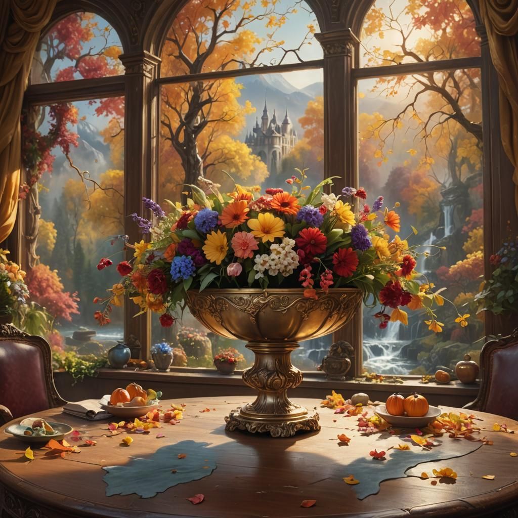 Autumn Flowers in Ornate Room as Impasto Painting