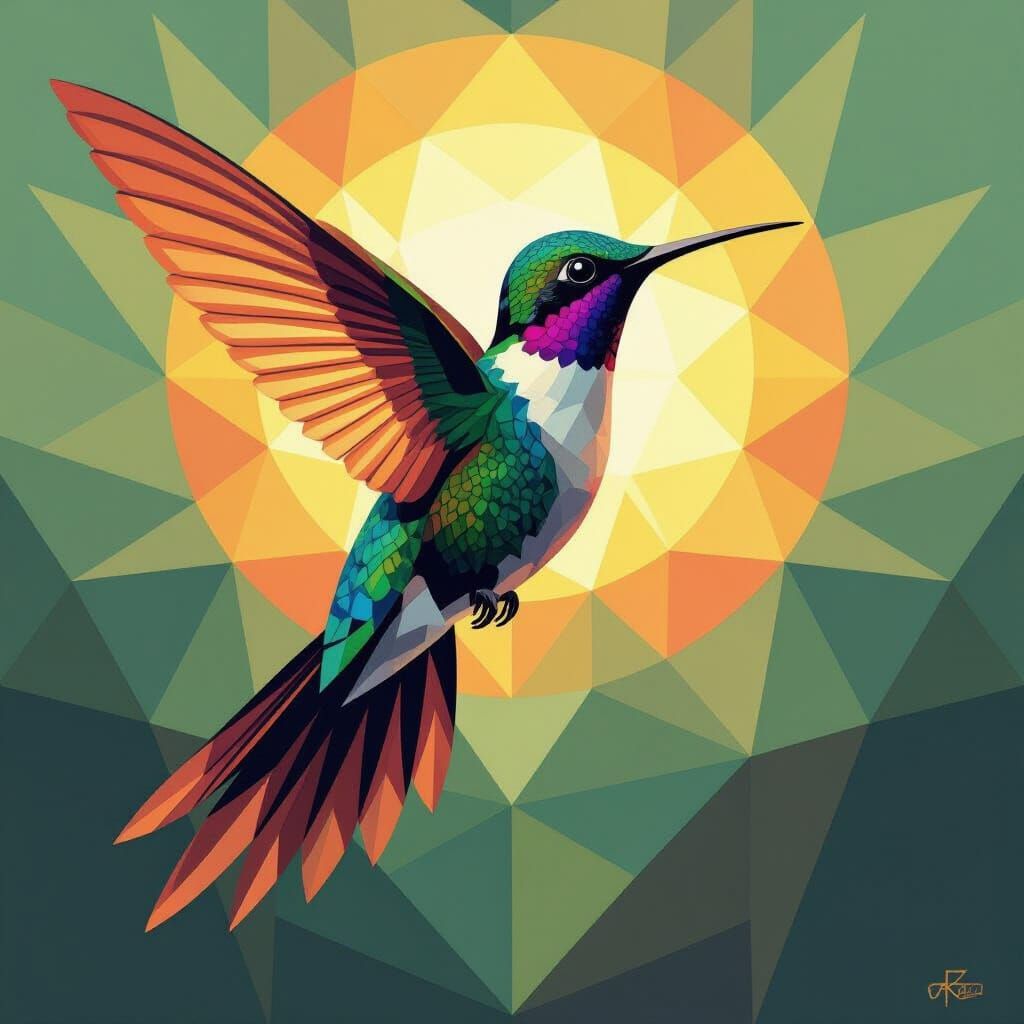 Cubist Hummingbird Goddess in Neo-Cubist Style