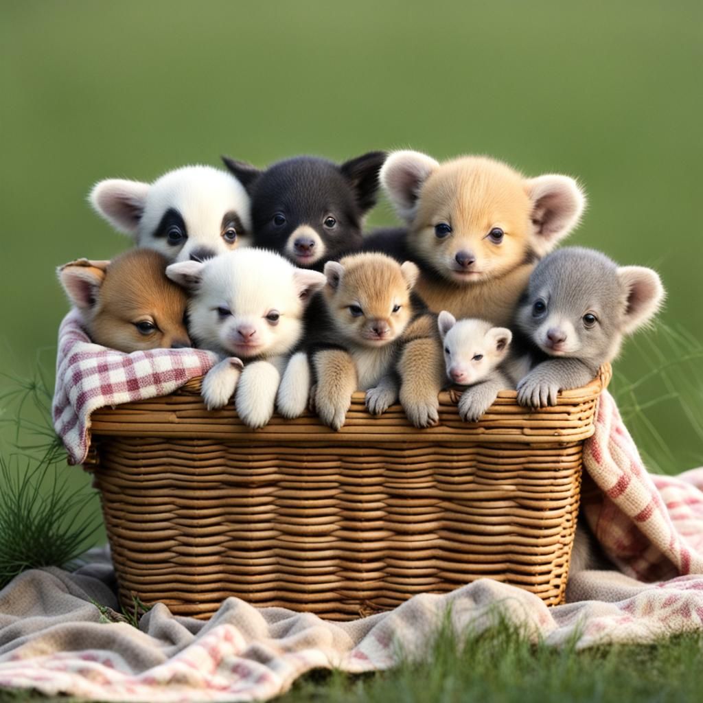 Adorable Baby Animals Cuddling in a Basket