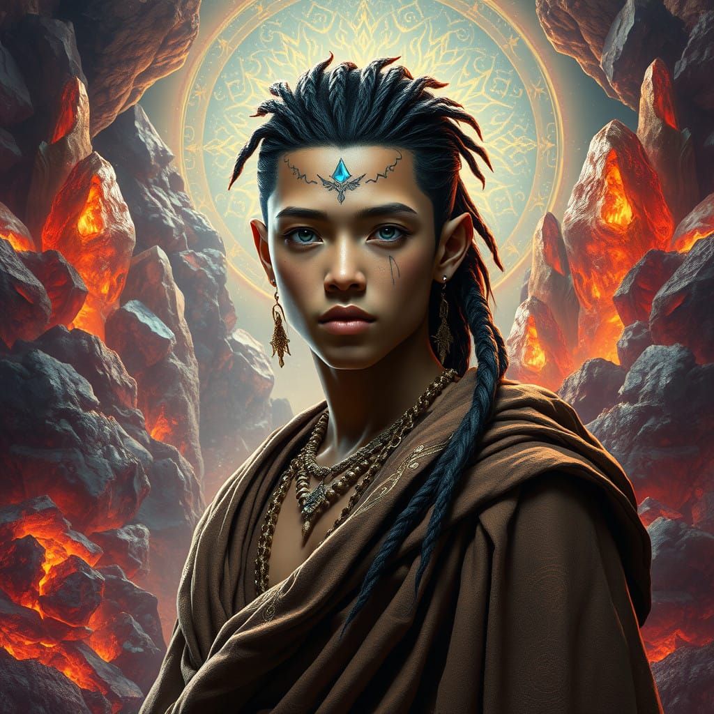 Earth Genasi Teenager in Majestic, Iridescent Landscape