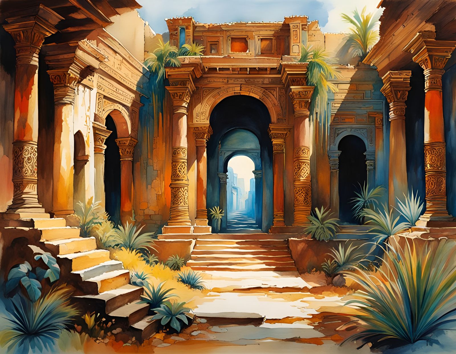 Aztec Ruins in Loose Watercolor Style