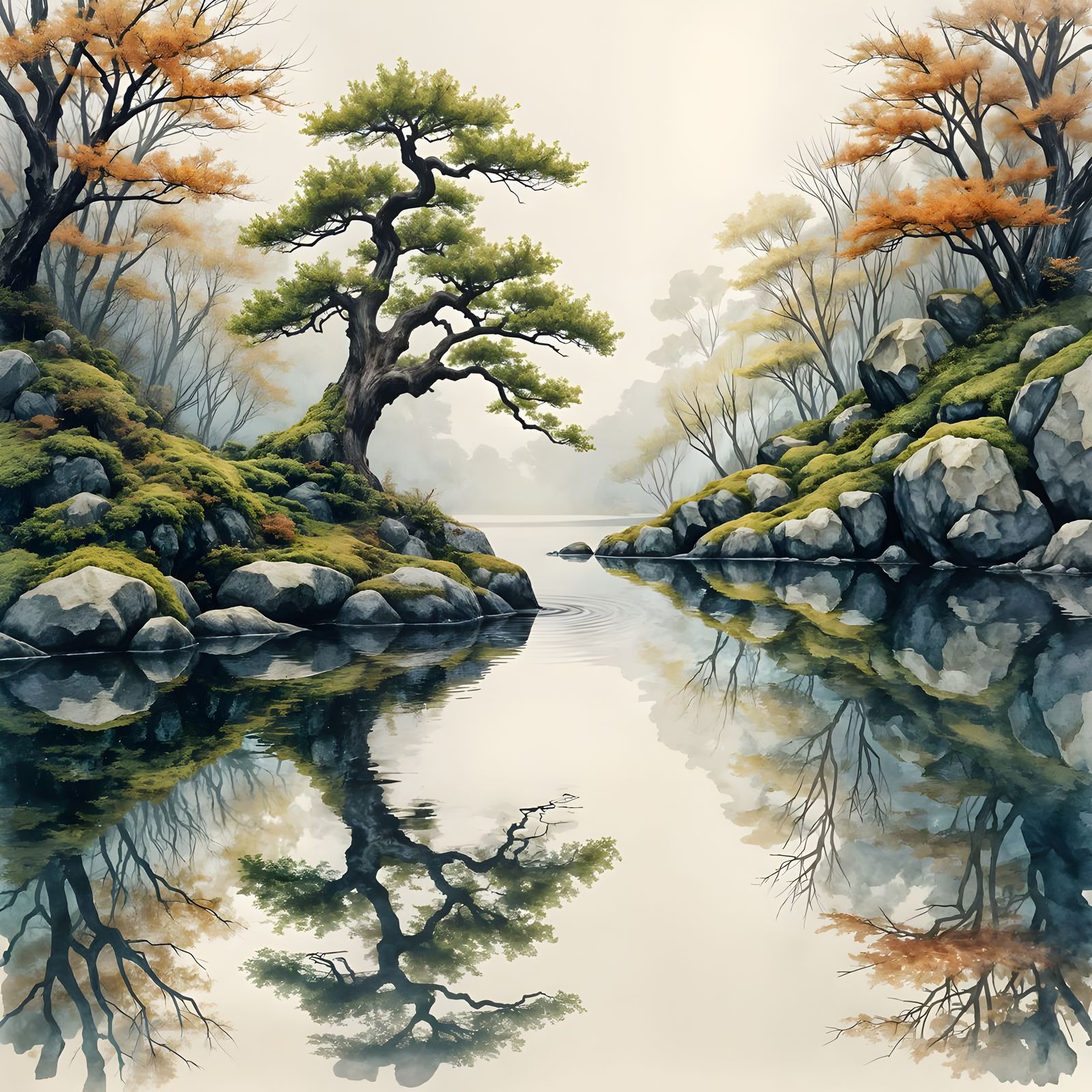 Ancient Bonsai Tree Reflected in Still Pond