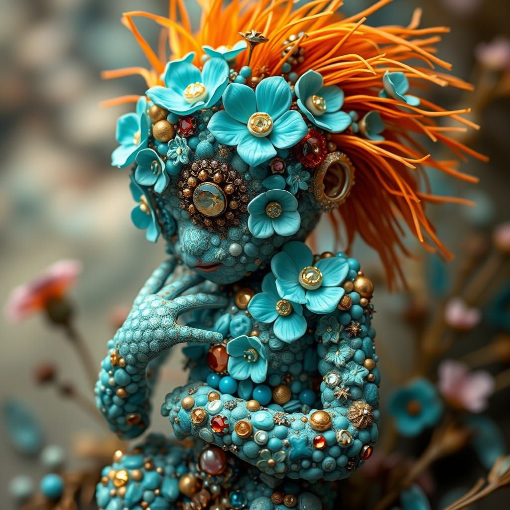 Surreal Figure Made from Turquoise Flowers and Gems