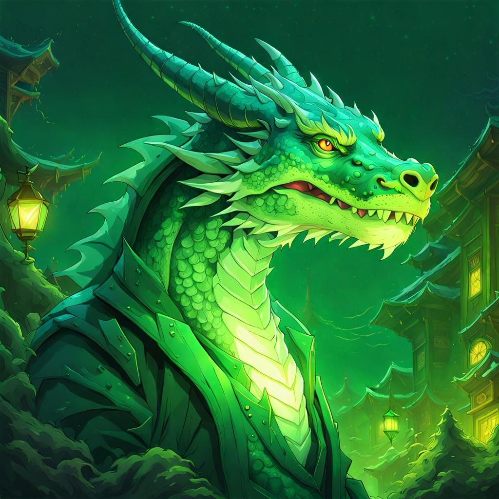 Adorable Glowing Green Dragon Portrait in Anime Style