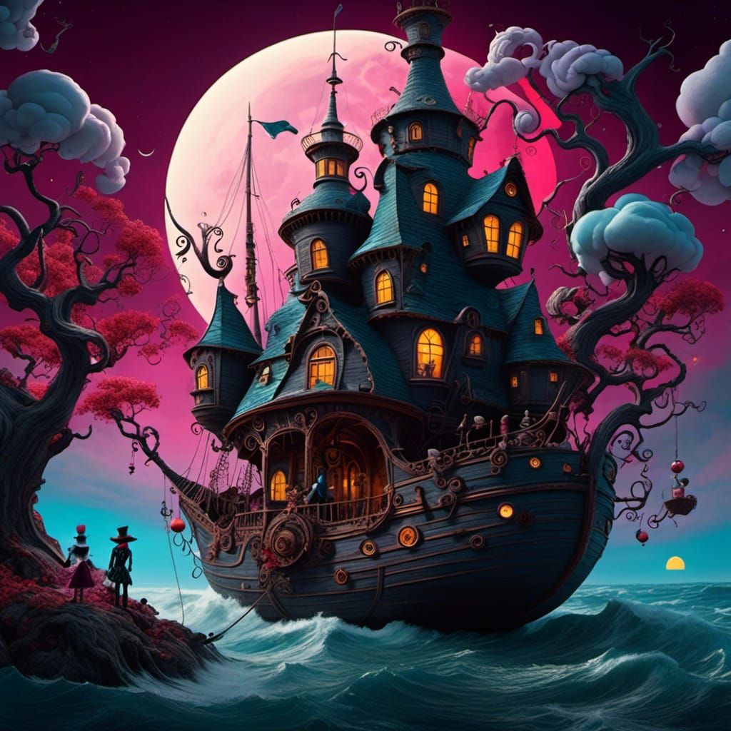 Dreamlike Cardboard Sea Under Paper Moon