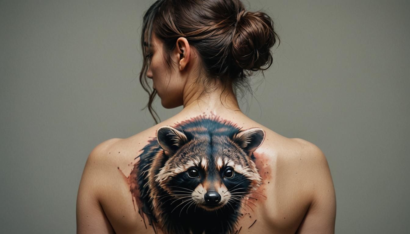 Hyperrealistic Raccoon Tattoo Art on Woman's Back