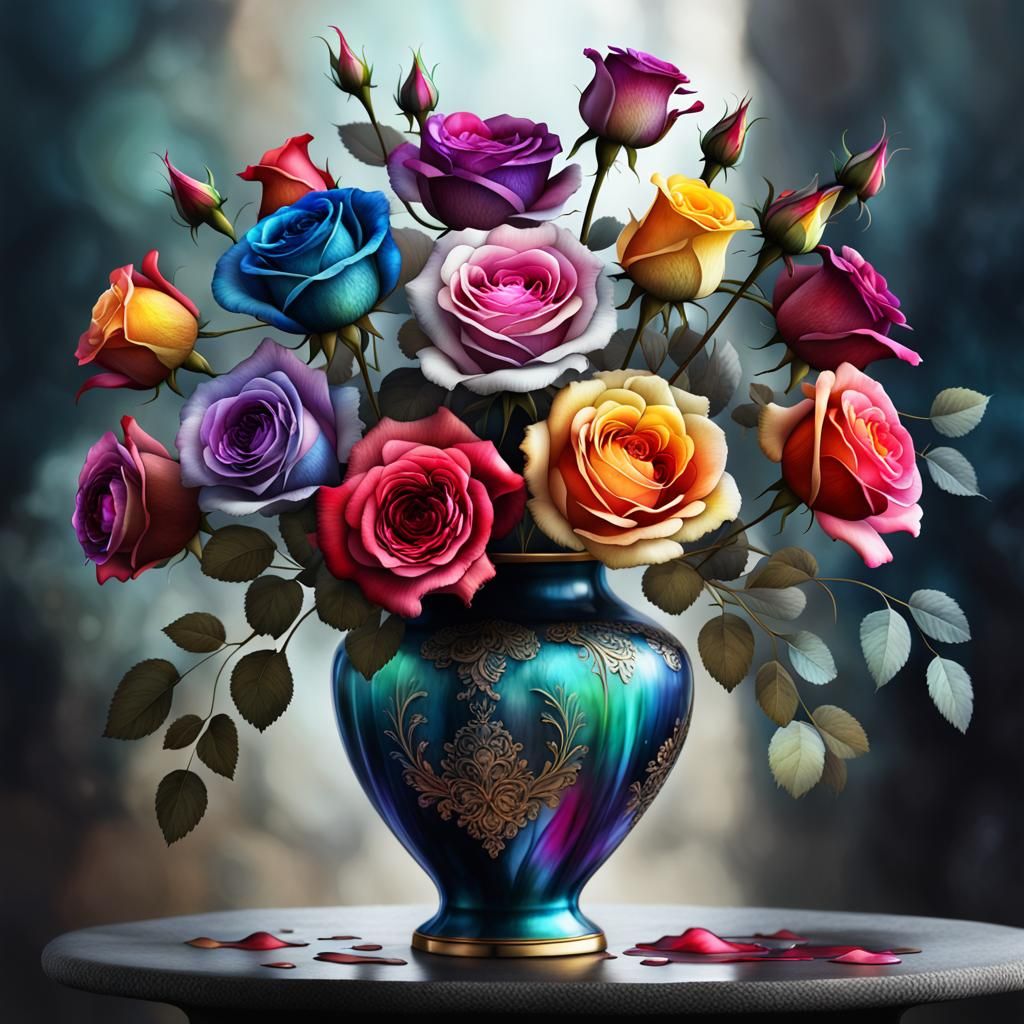 Elegant Alcohol Ink Roses in an Ornate Vase