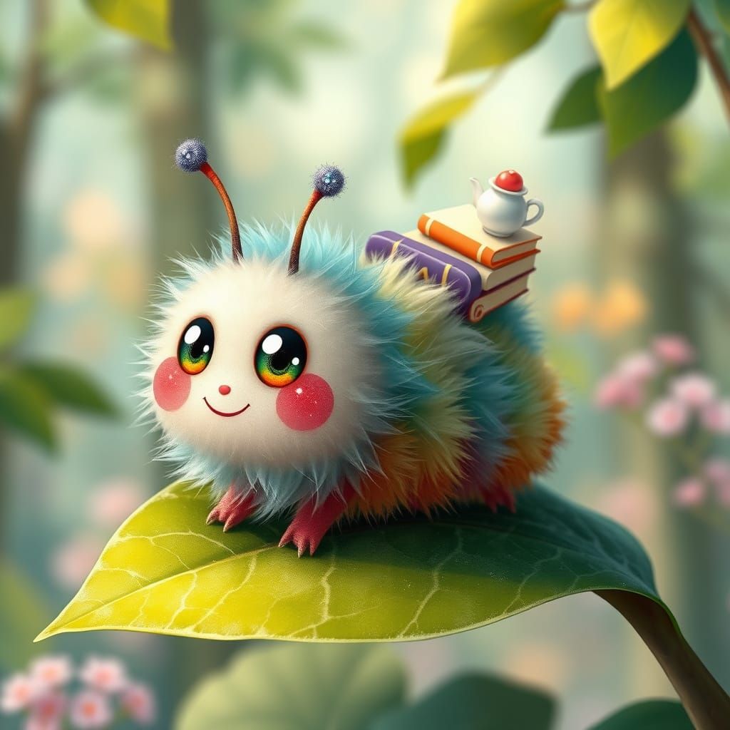 Whimsical Caterpillar Carries Treasures in Dreamy Forest