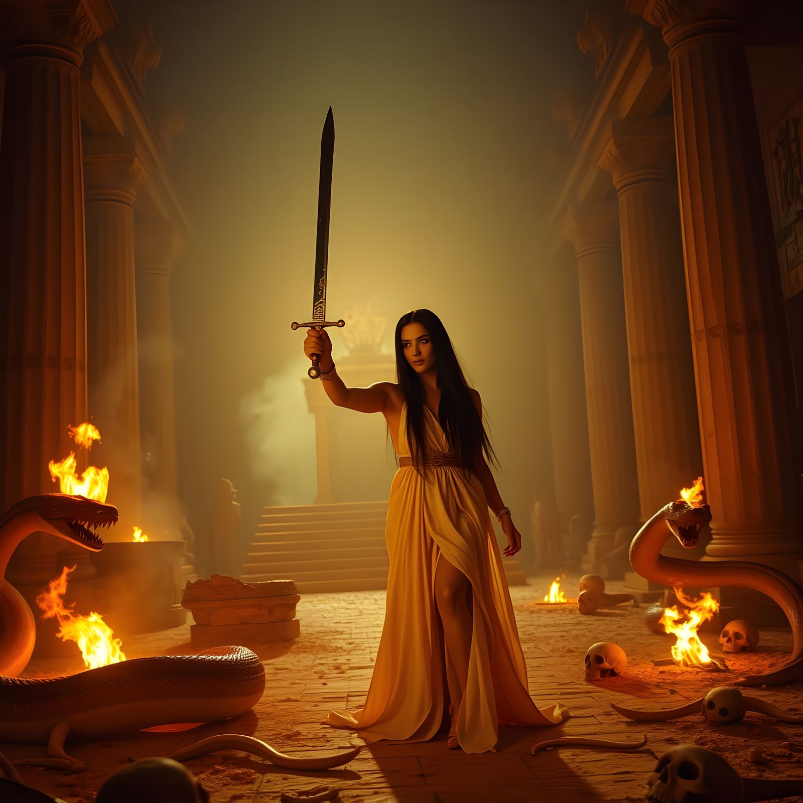 Ancient Priestess Battles Serpents in Sumerian Temple Ruins