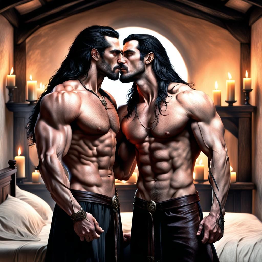 Two Handsome Male Witches Kissing