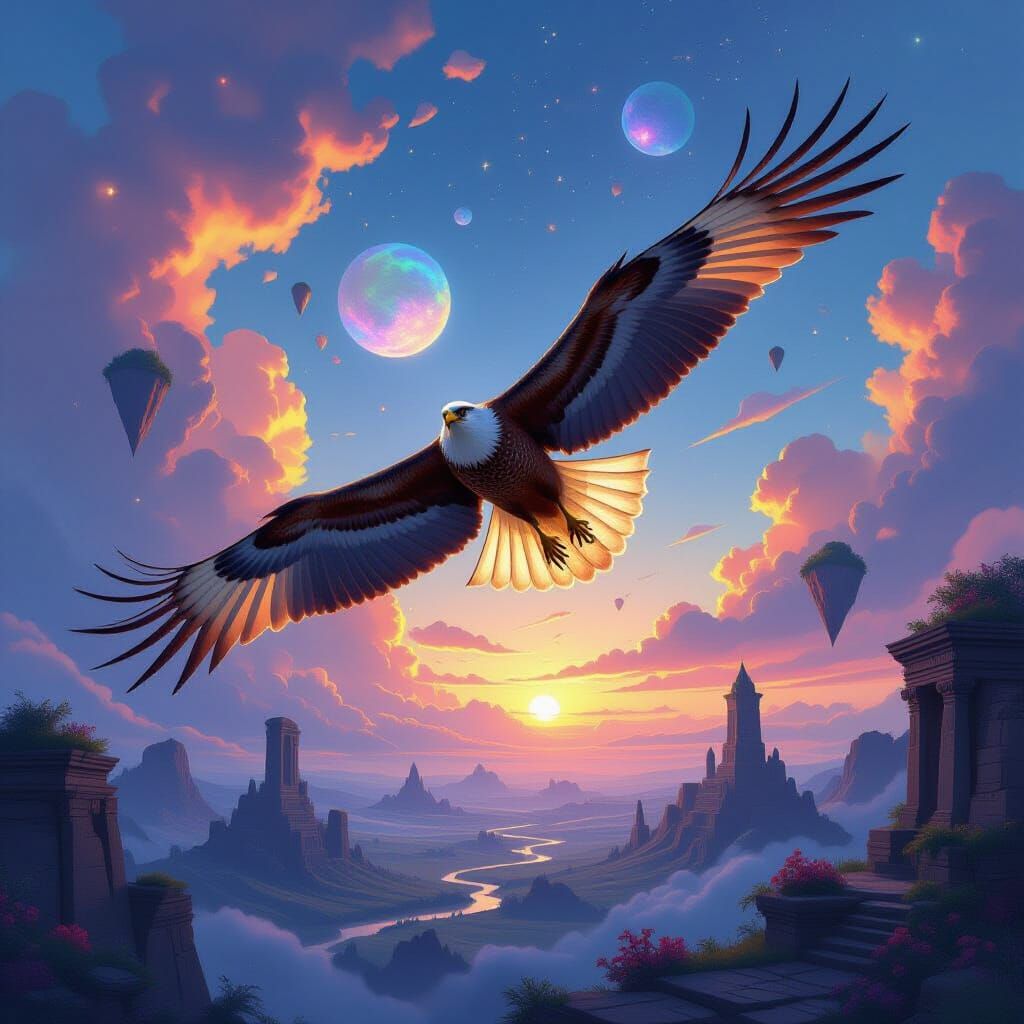 Majestic Hawk Soars Through Cosmic Sky with Floating Islands