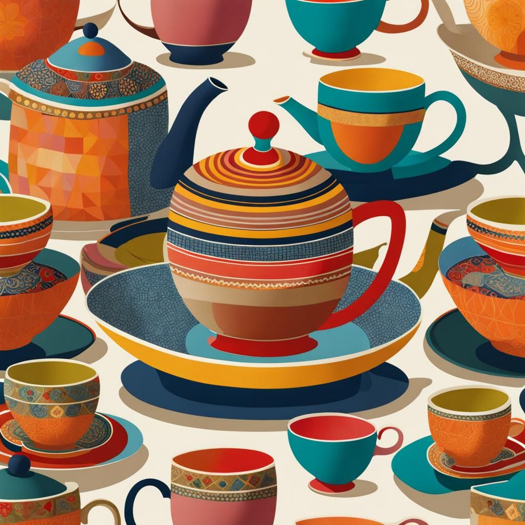 Patterned Vintage Tea Set in Abstract Style