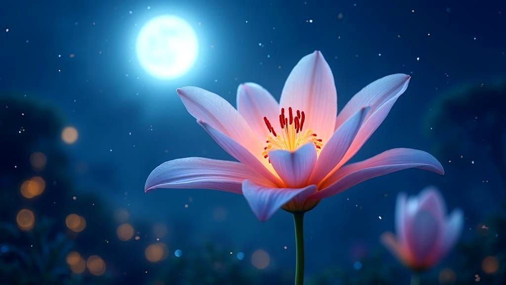 Whimsical Night Lily Blooms under Full Moon, Surrounded by E...