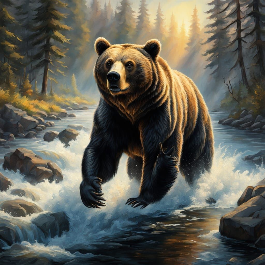 Bear Catching Fish: Hyperdetailed Gouache Charcoal Drawing