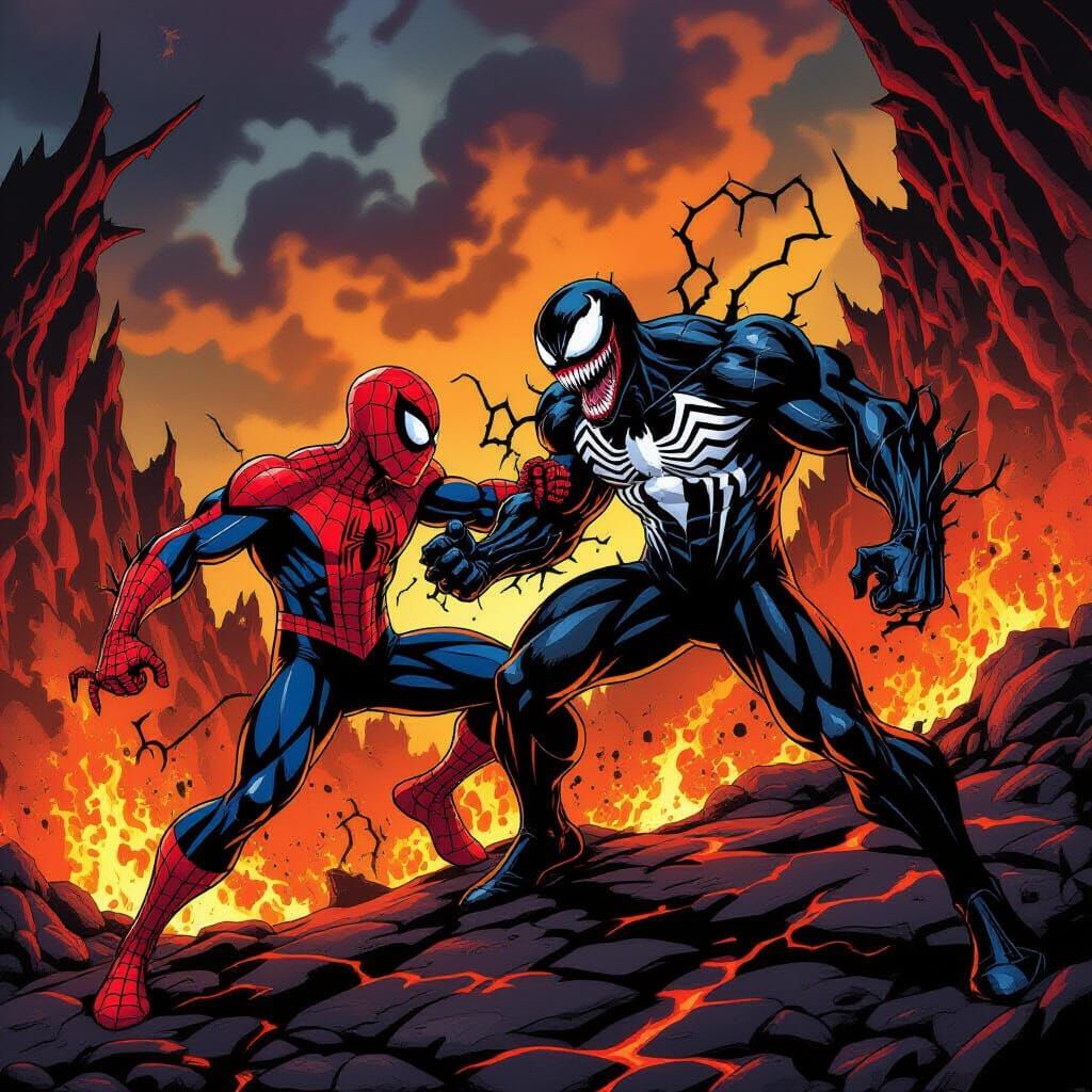 Spiderman Battles Venom in Hellish Landscape