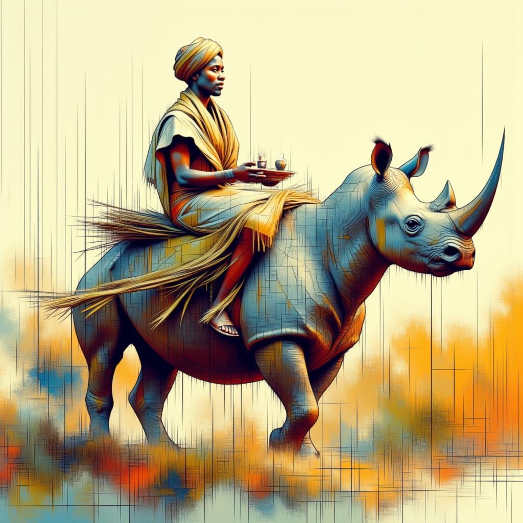 Rhinoceros-Pulled Cart in Vibrant Digital Art