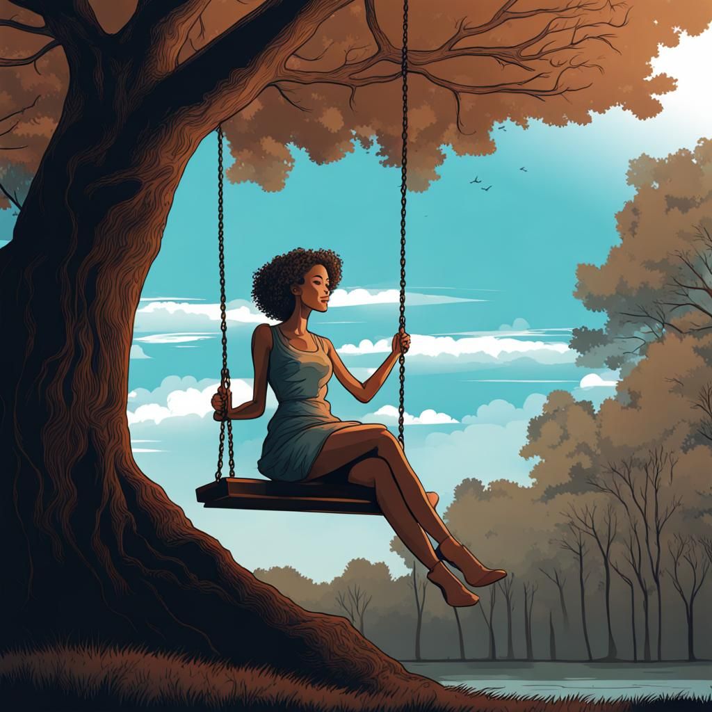 Line Drawing of Young Woman on Swing