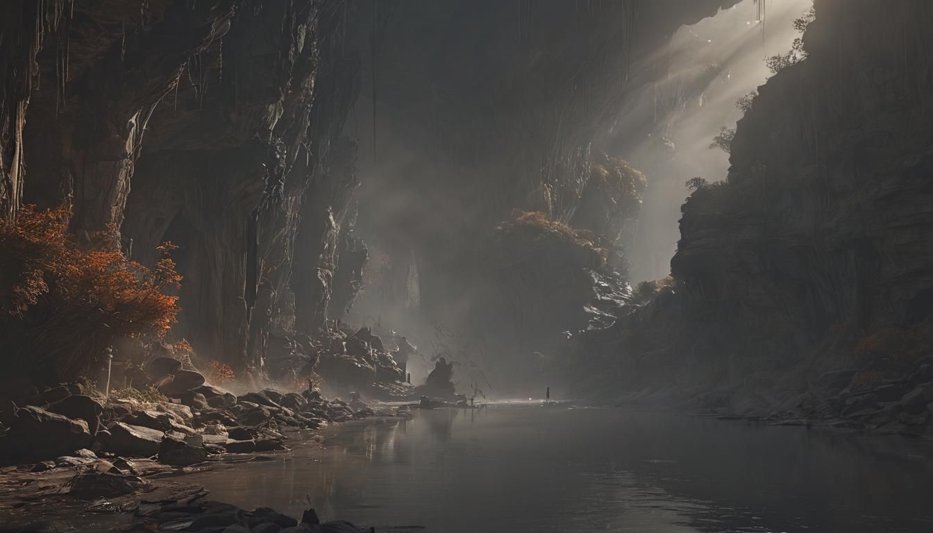 "crepuscular rays through the mist, an eerie scene depicting...