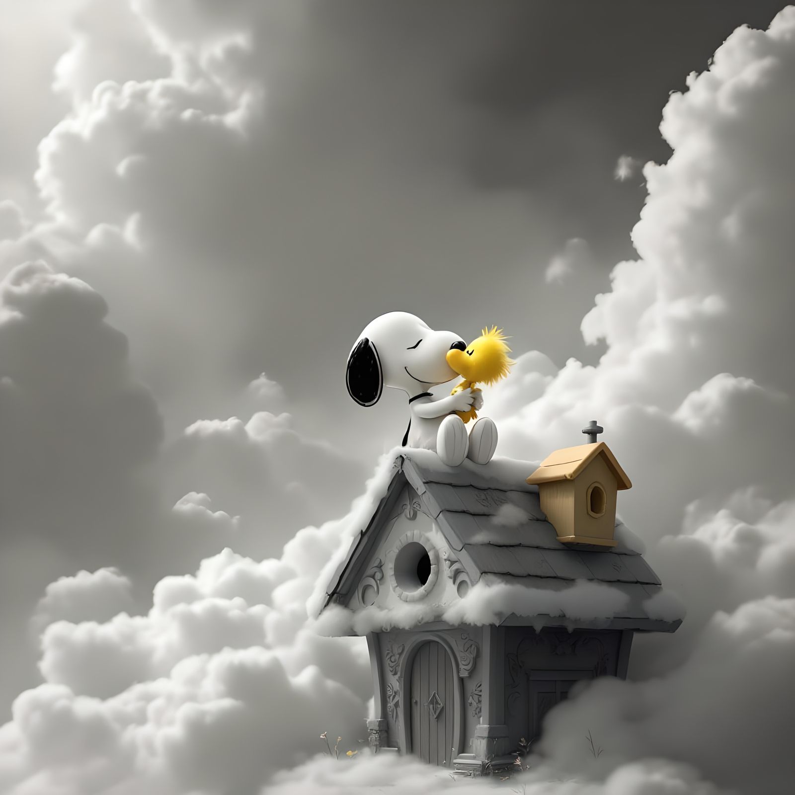 Snoopy and Woodstock in Dreamy Greyscale
