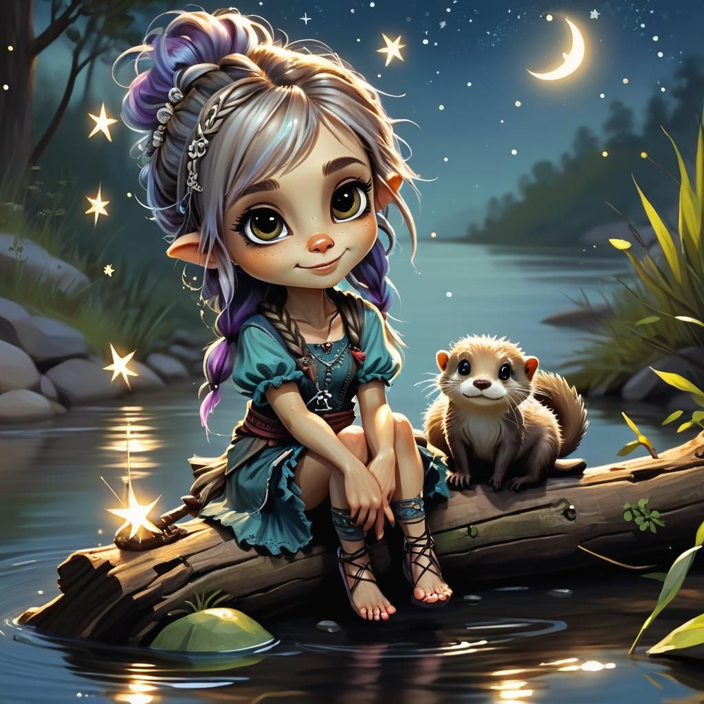 Whimsical Pixie and Otter at Twilight