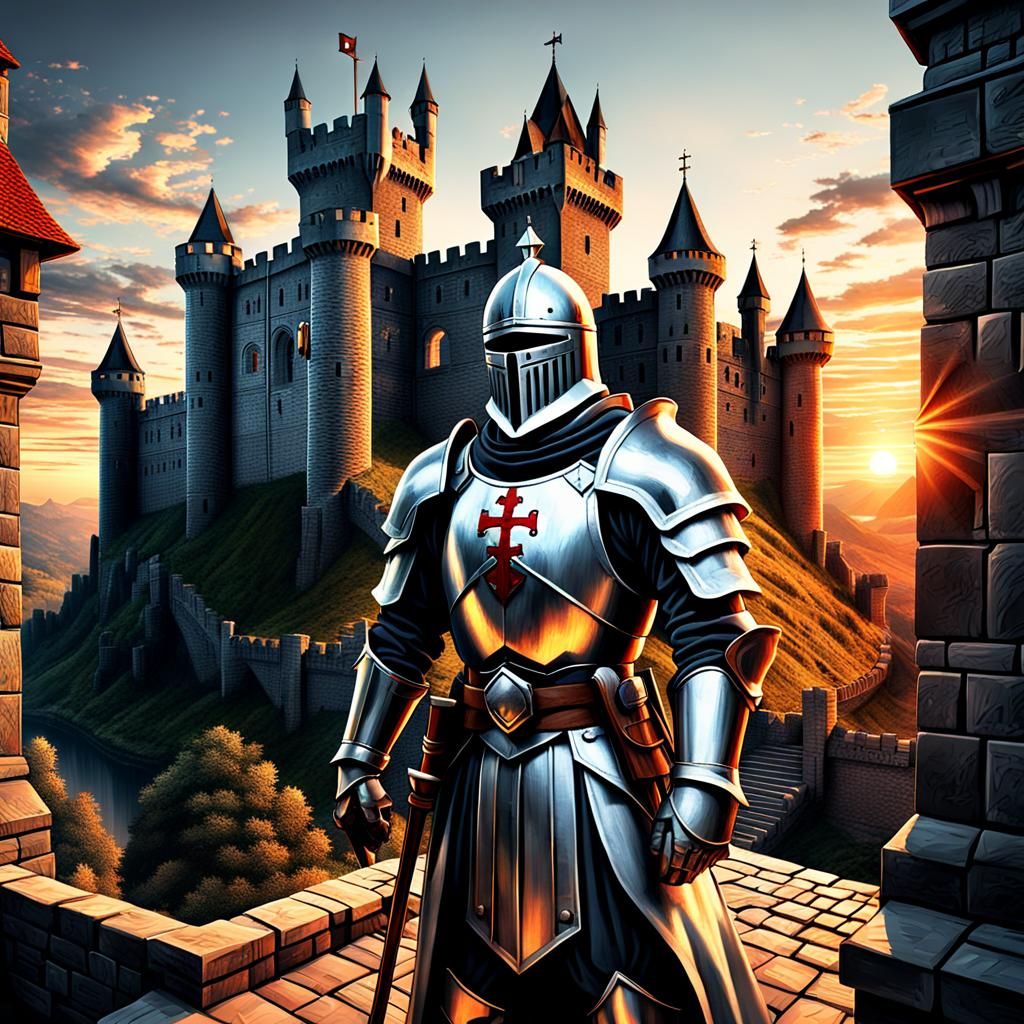 Knight Templar Guarding Castle in Escher Style