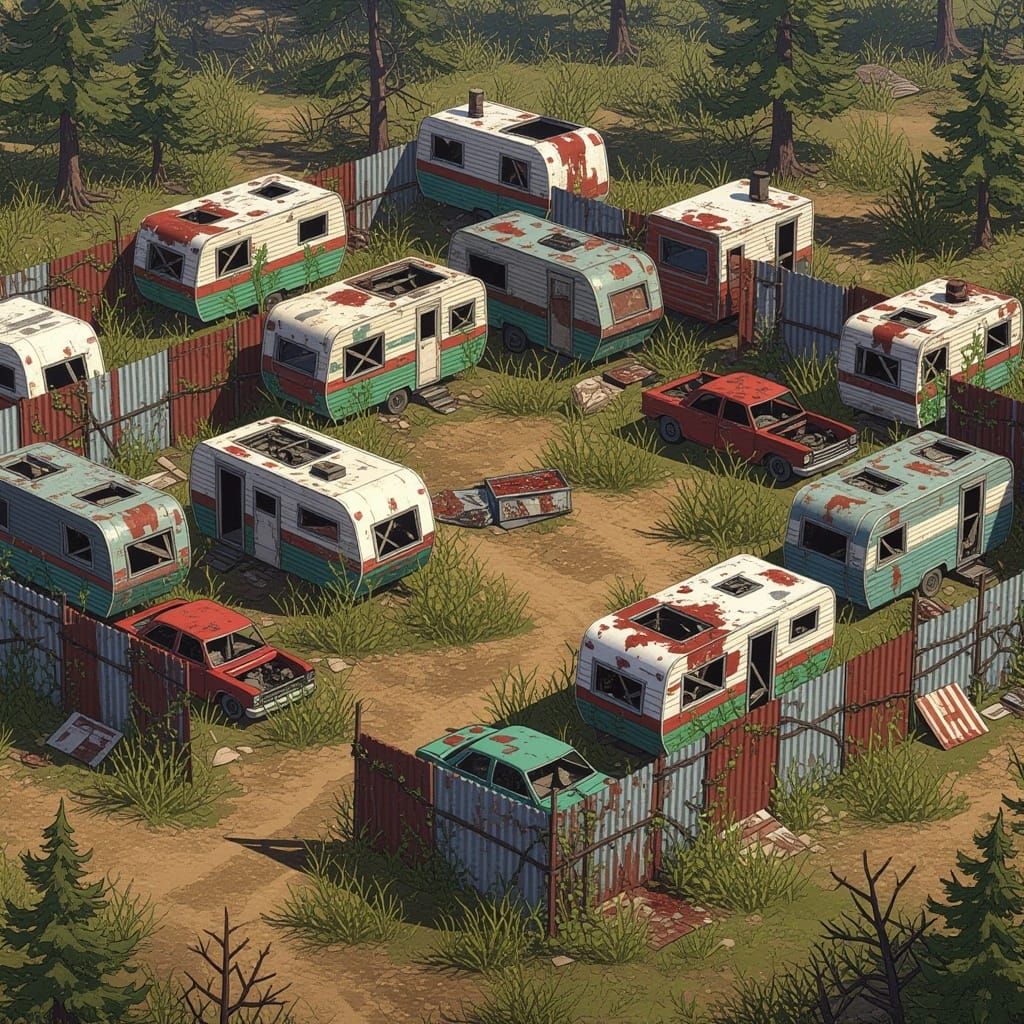 Isometric Post-Apocalyptic Trailer Park Landscape in Cyberpu...
