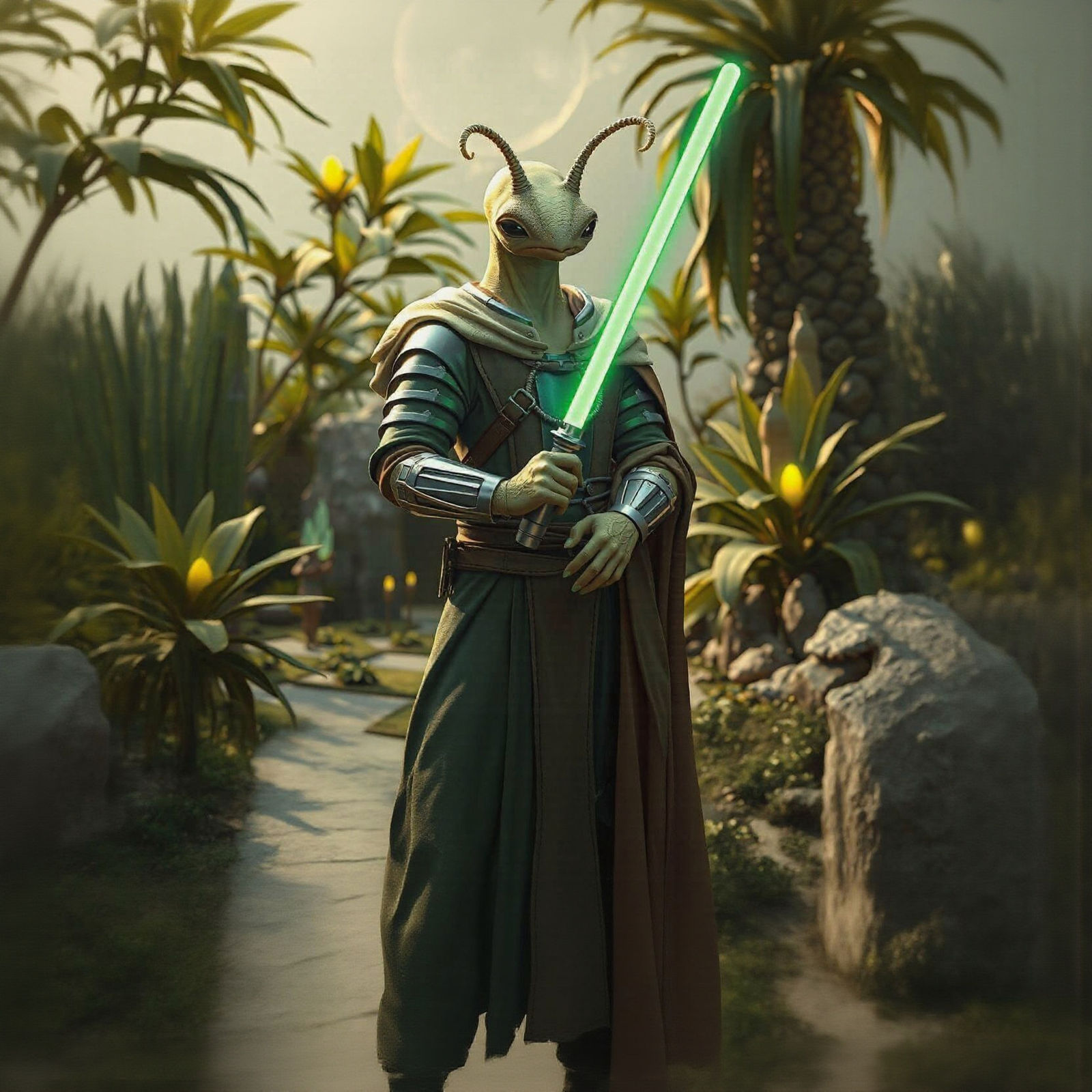 Calm Jedi Master in Serene Alien Garden