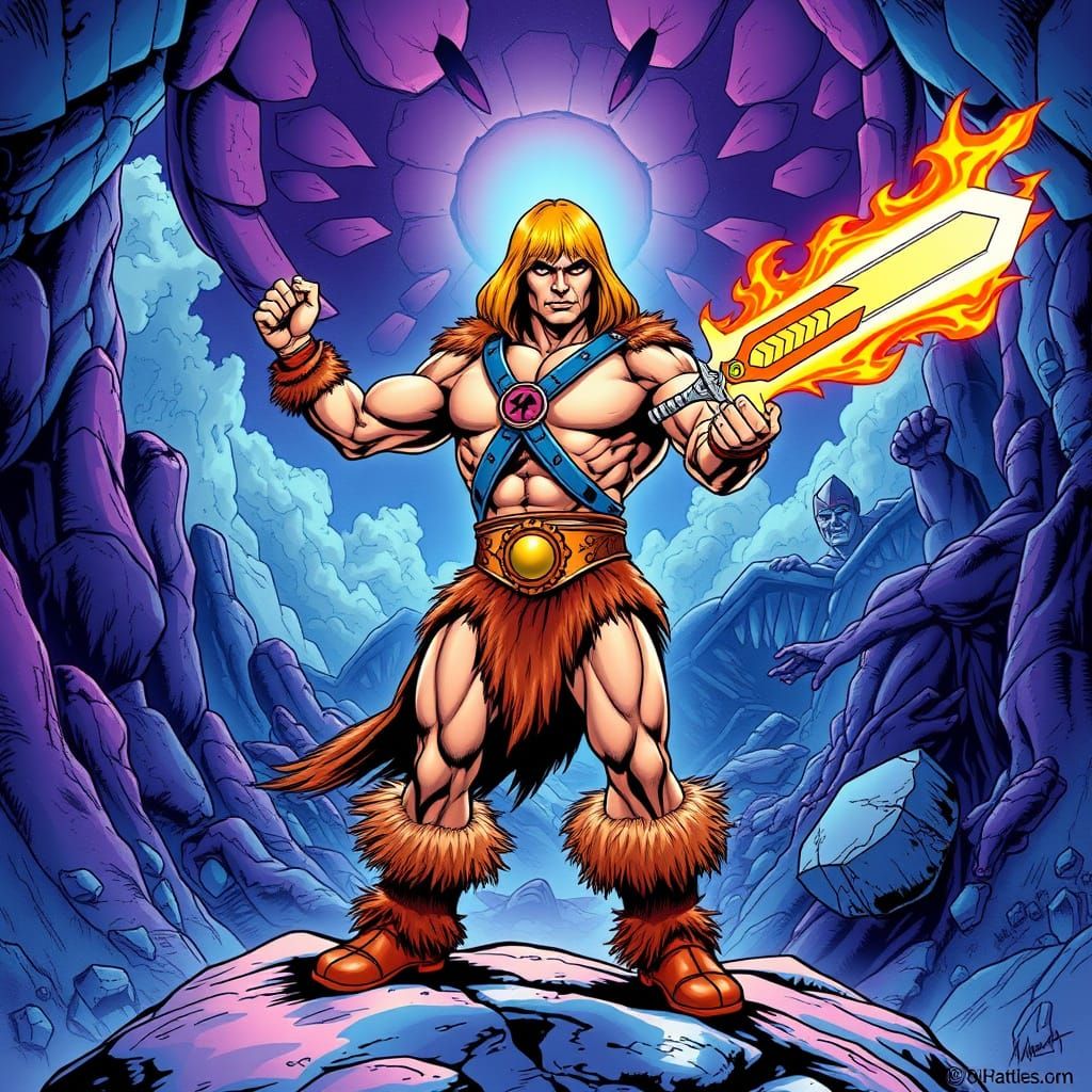 He-Man with Flaming Sword in Comic Book Style