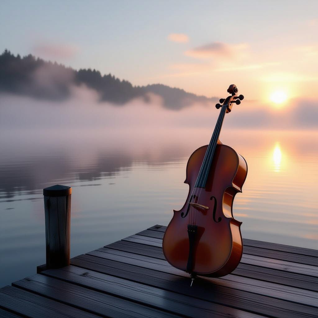 Cello on Dock at Misty Dawn, Hyperrealistic Style
