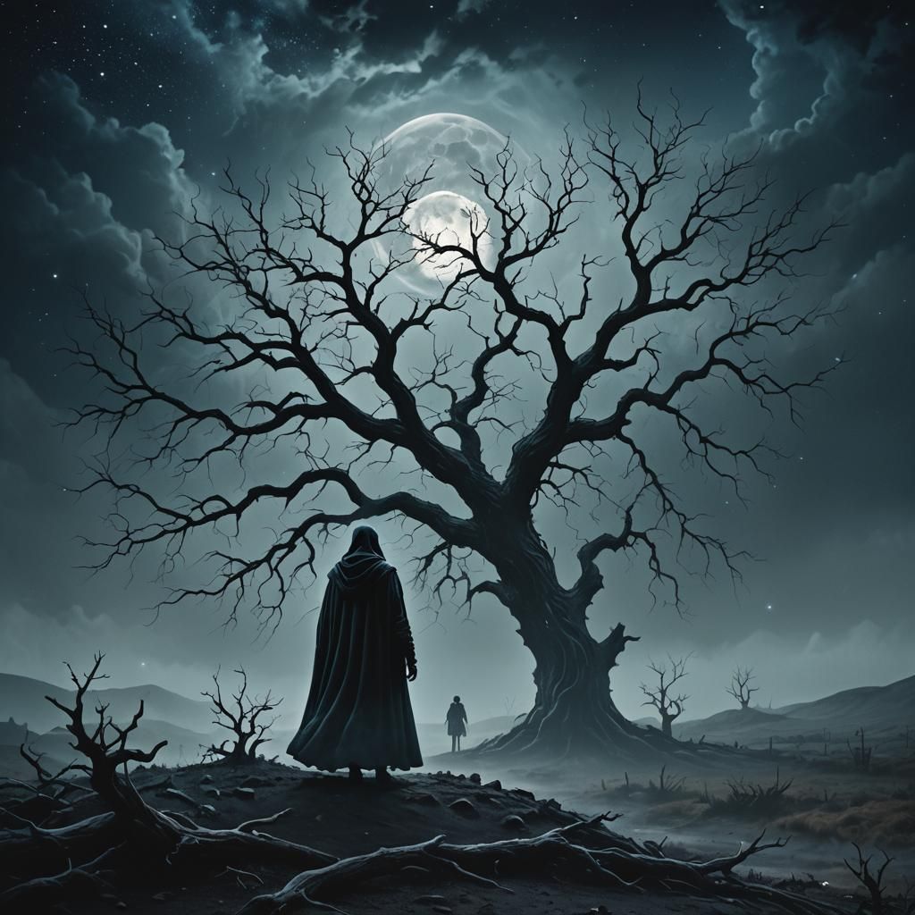 Eerie Figure Under Starry Night in Dark Fantasy Style