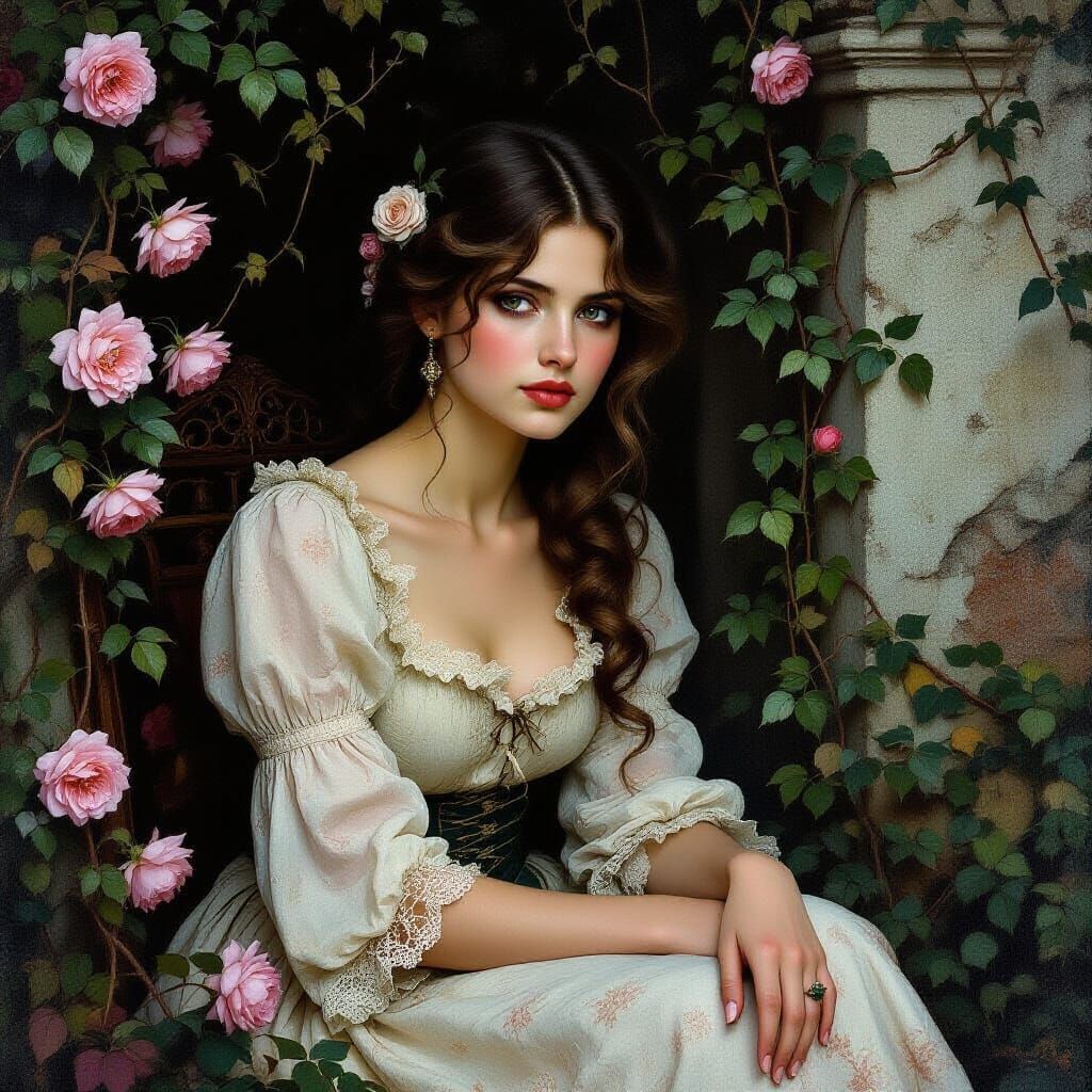 Melancholic Victorian Woman in Overgrown Garden