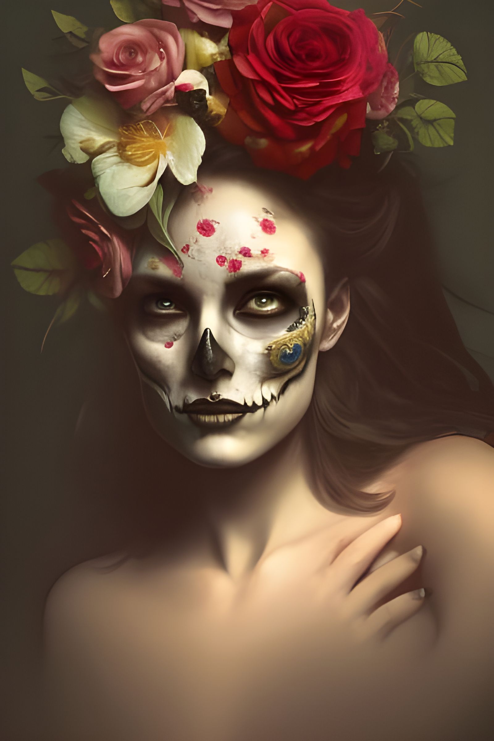 Woman with Skull Face Paint and Roses Portrait
