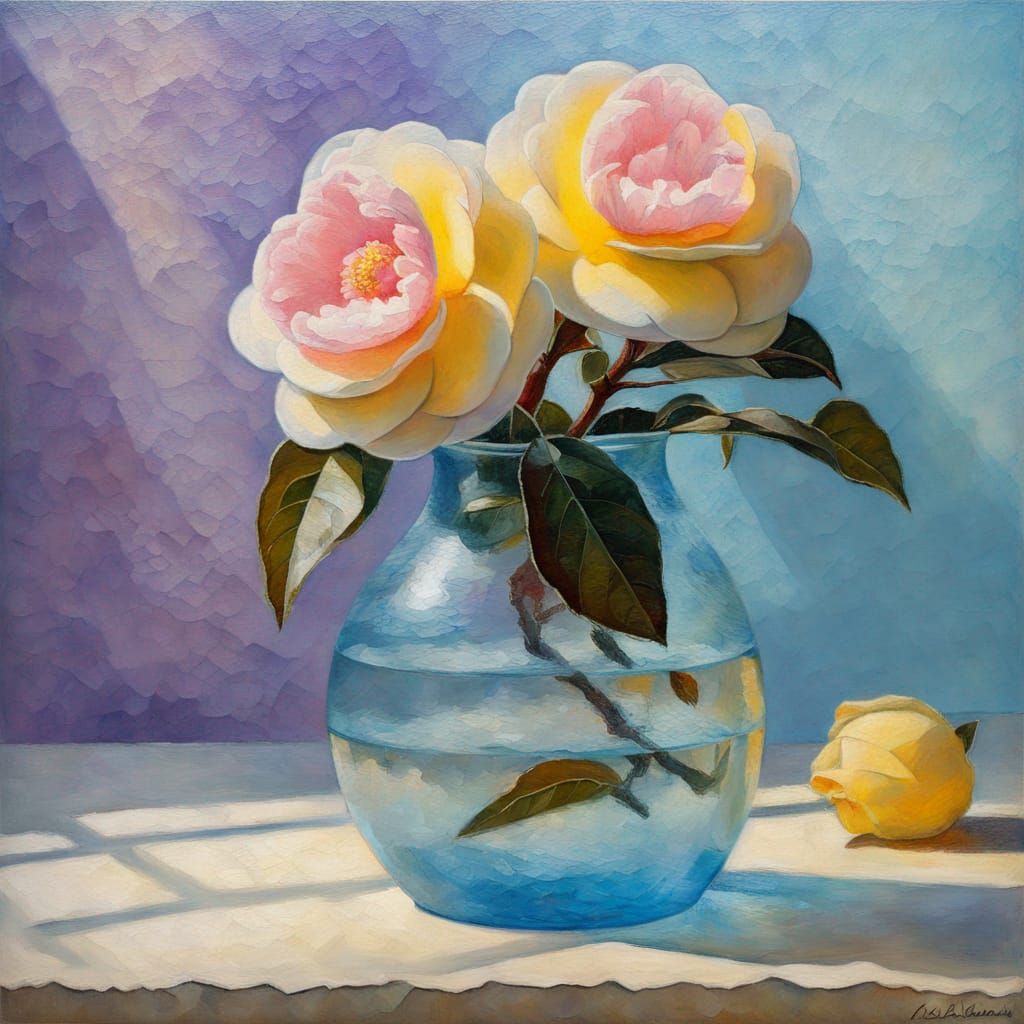 Camellia Flower Still Life in Frosted Etched Glass Vase Half Filled with Icy Blue Water, Cloudy Lavender Yellow Parchmen...