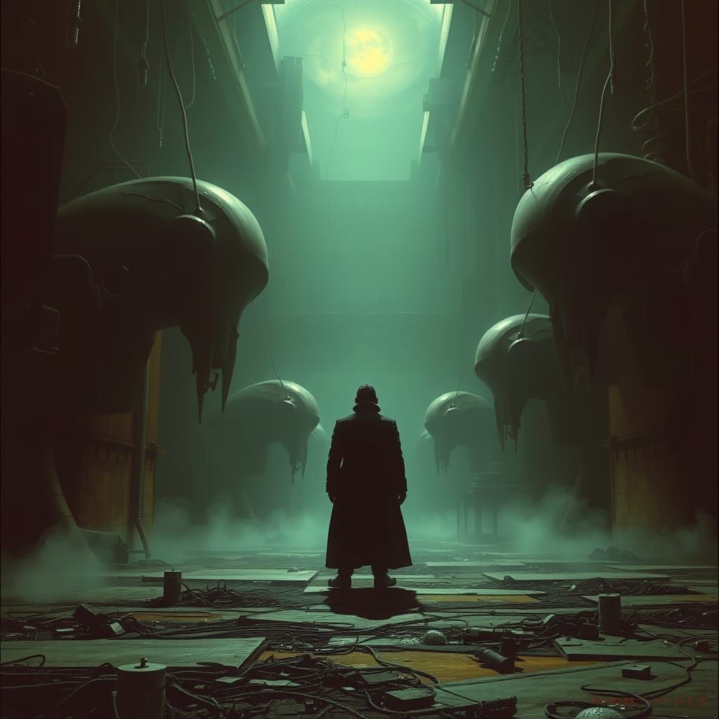 Eerie Figure in Biomechanical Industrial Dreamscape