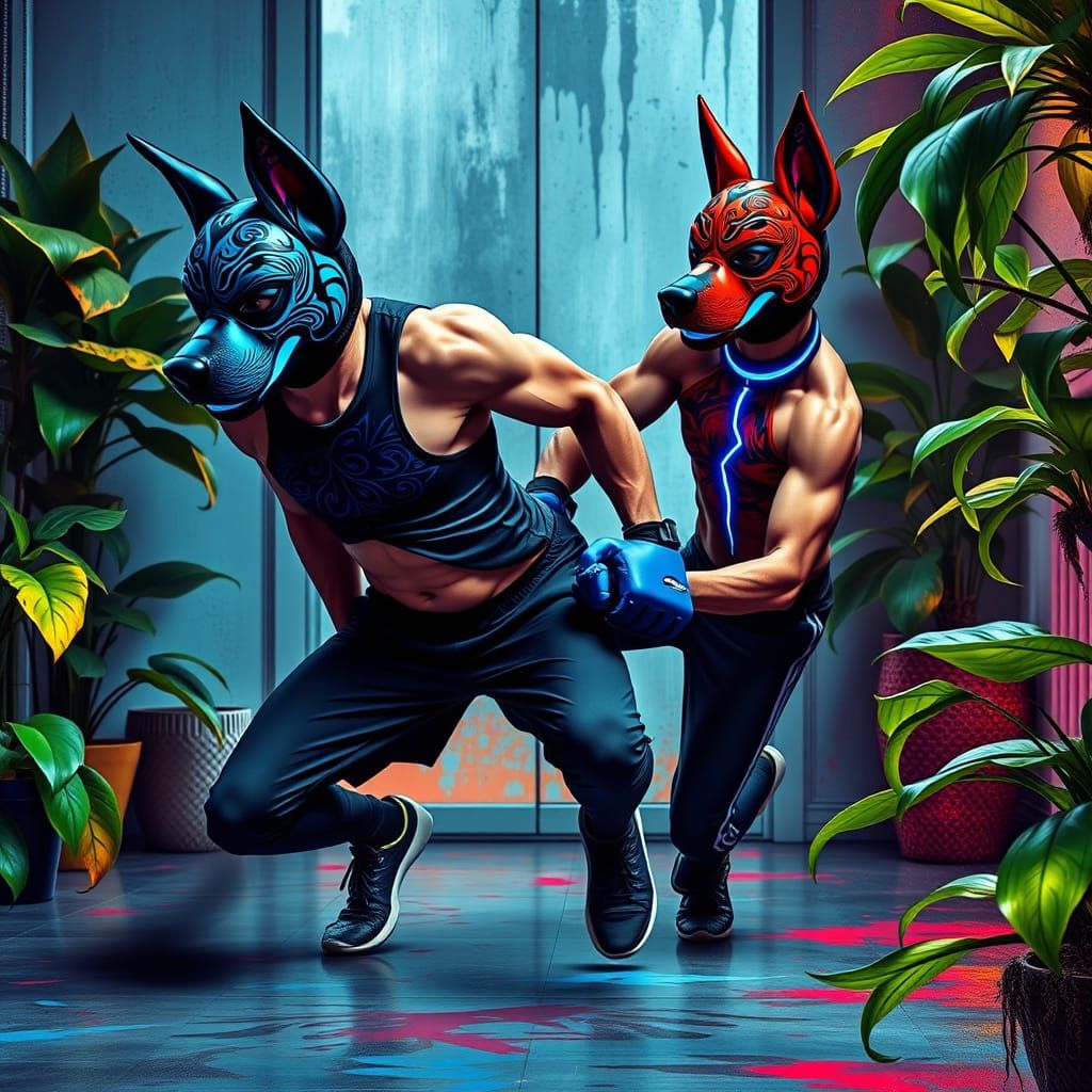 Muscular Man in Vibrant Dog Mask Plays with Partner in Neon-...