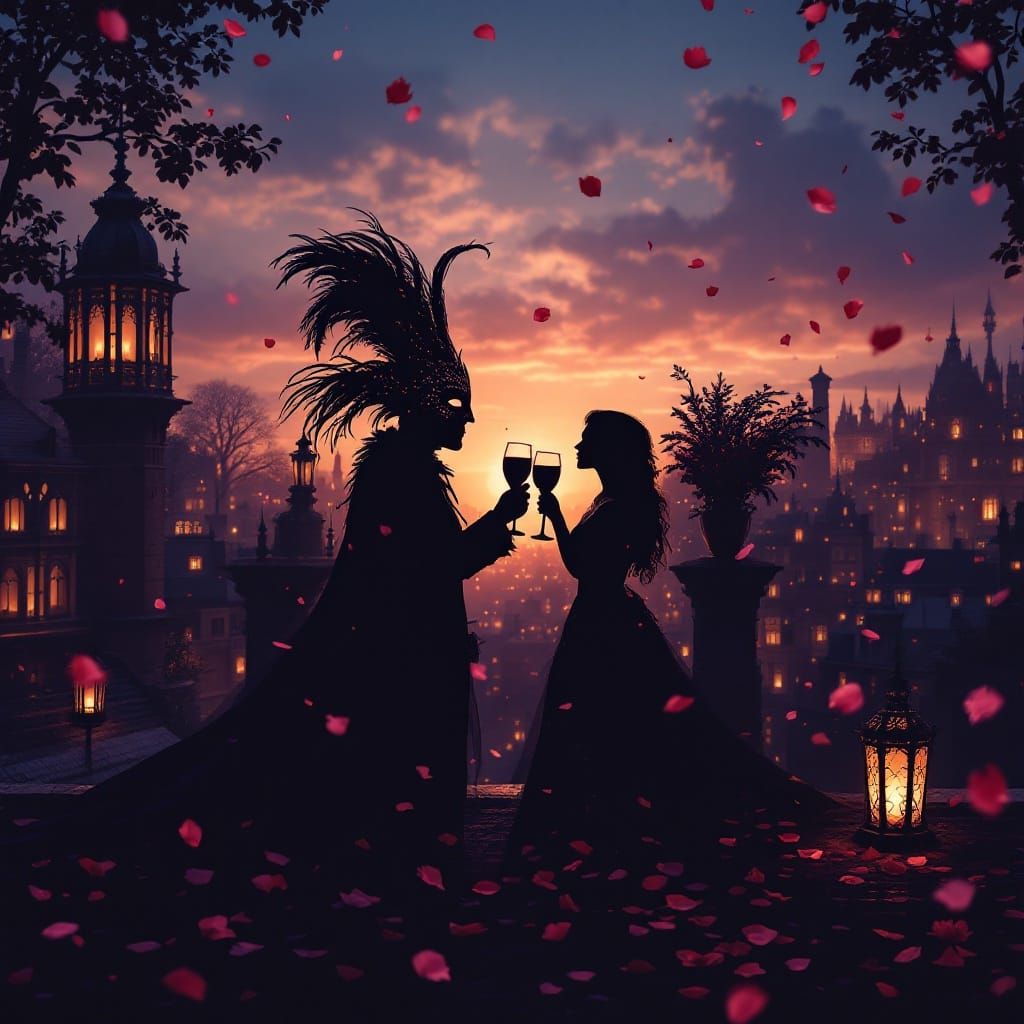 Elegant Masquerade Scene with Lantern-Lit Rooftops and Falli...