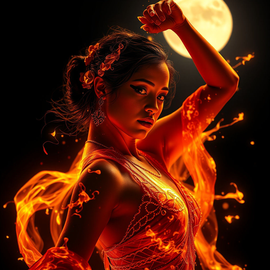 Exotic Fire Dancer in Moonlight, Hyperrealistic Portrait