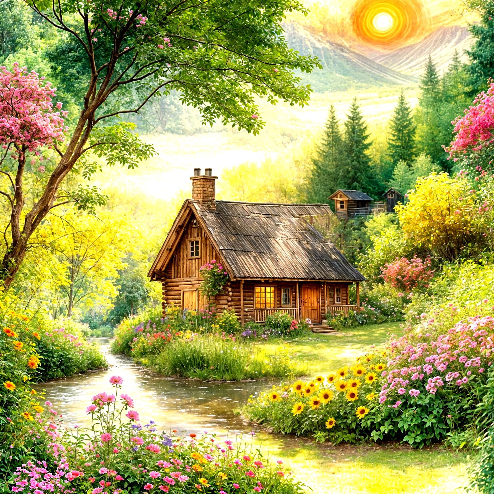 Whimsical Woodland Cabin with Vibrant Floral Garden