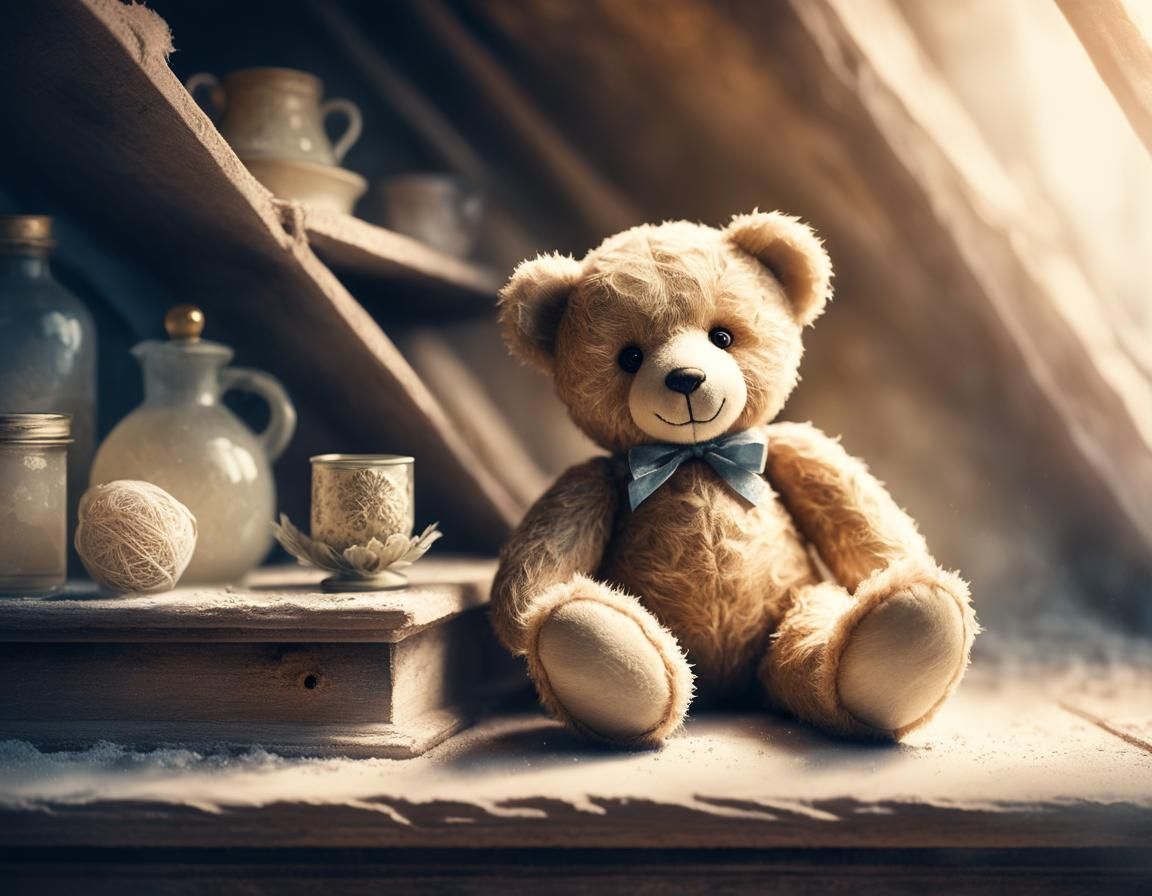 Lonely Teddy Bear in Dusty Attic, Watercolor Style
