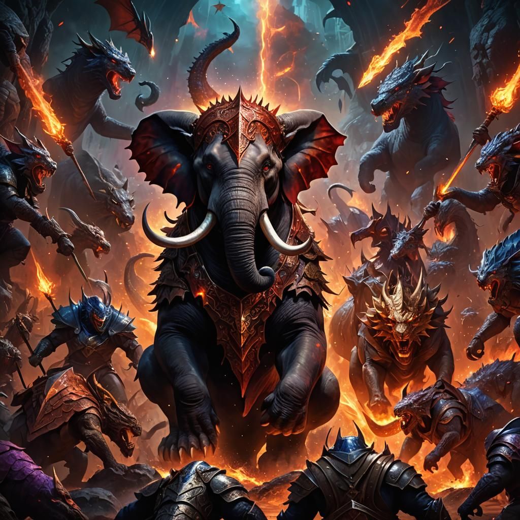 Armored Dragon-Lion War Elephant Descends into Hell