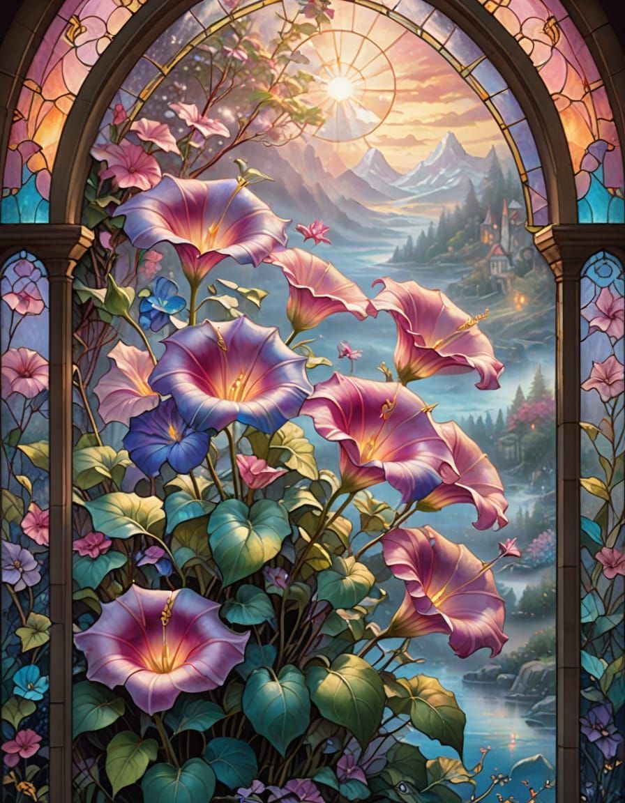 Stained Glass Morning Glory Window in Ethereal Fantasy Style