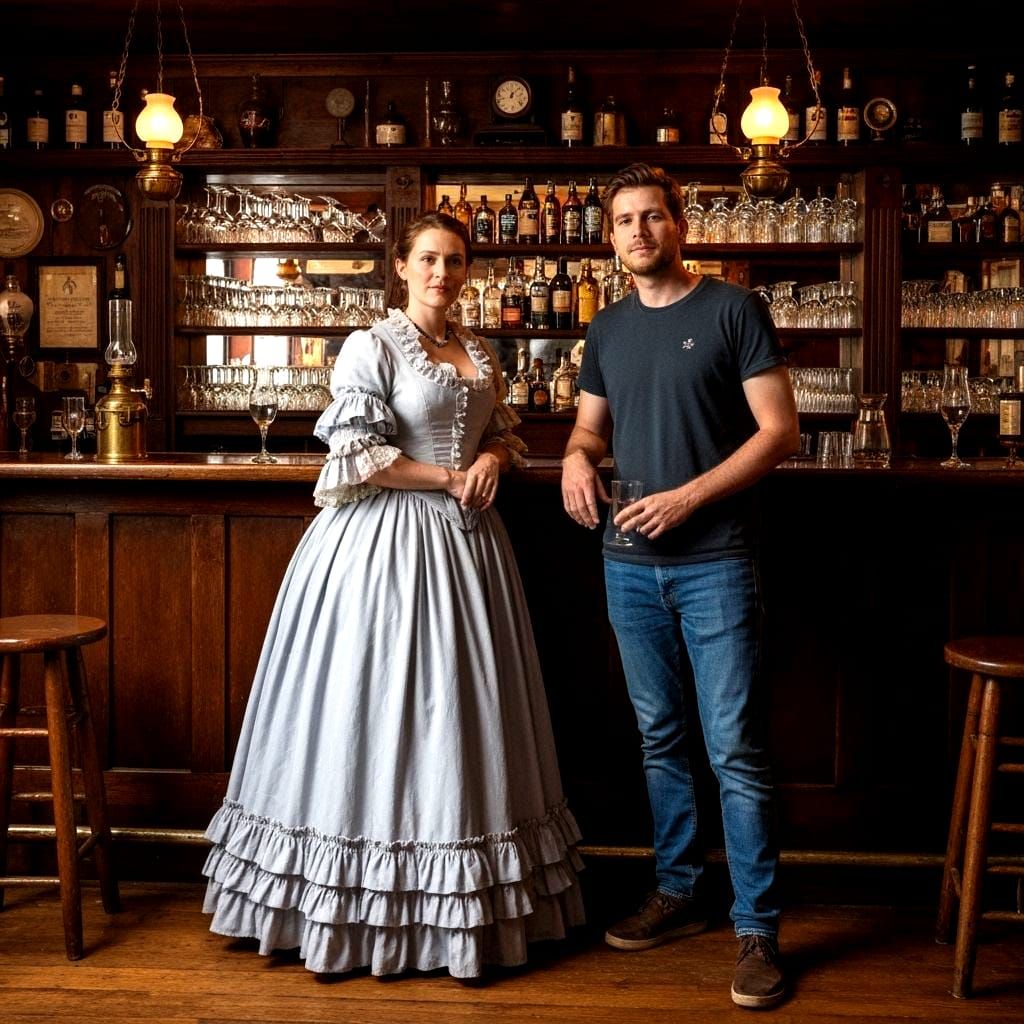 Time Traveler in an 1820s Cottage Core Bar