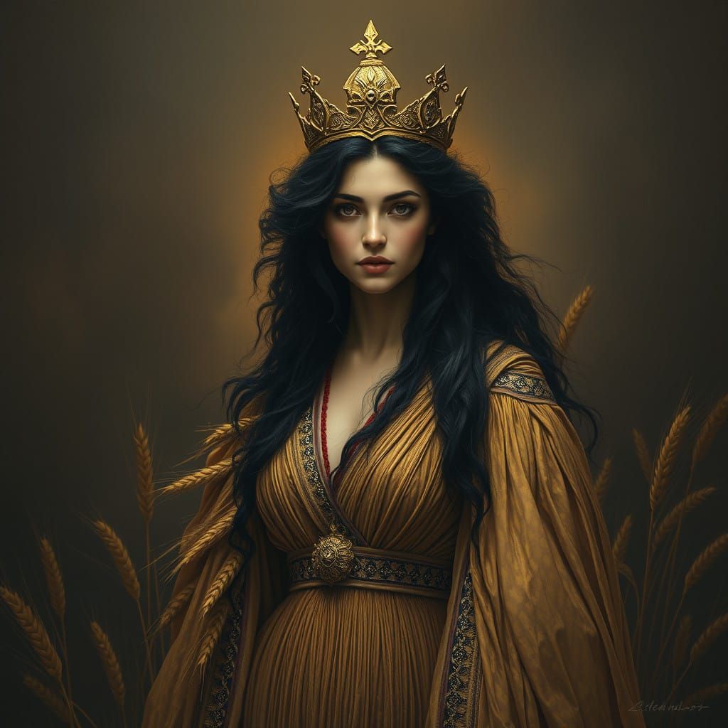 Majestic Spenta Armaiti Goddess in Dramatic, Dark Realism